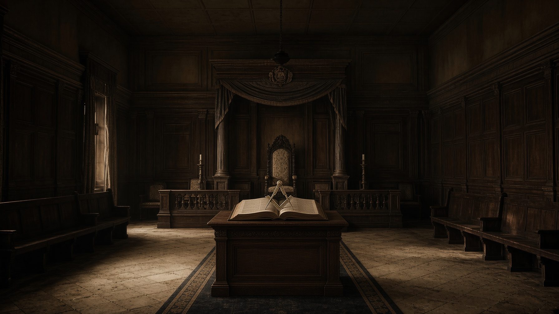A quiet, wood-paneled Lodge room with an open book resting on the altar