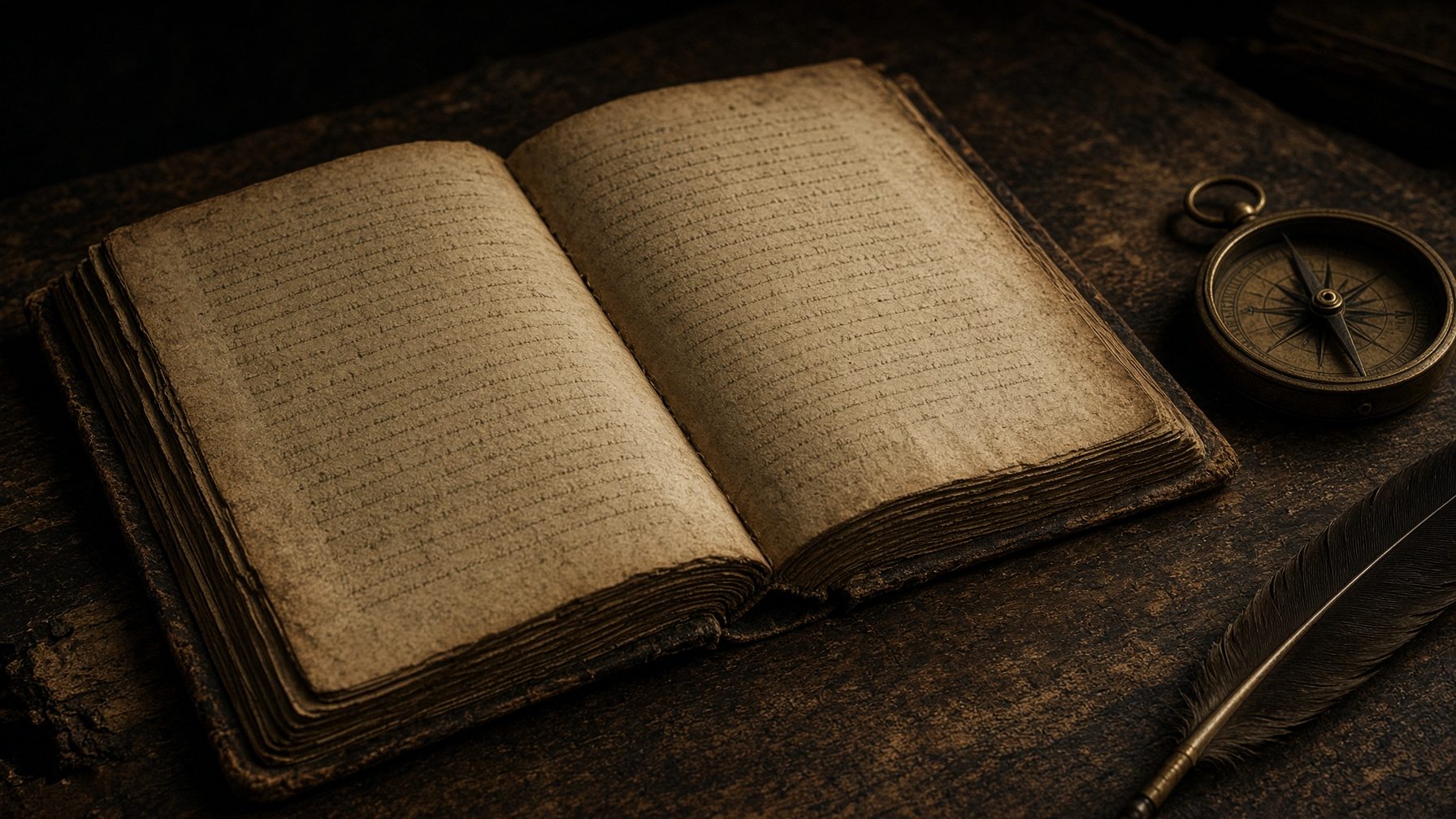 An open antique book beside a compass and quill, evoking the pursuit of knowledge